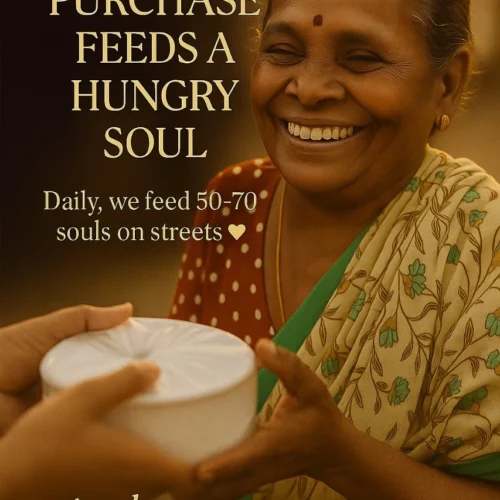 Araah With Compassion initiative showing a smiling woman receiving food, highlighting brand mission where every purchase helps feed 50–70 people daily
