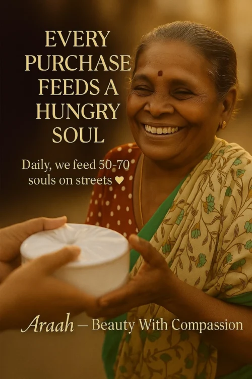 Araah With Compassion initiative showing a smiling woman receiving food, highlighting brand mission where every purchase helps feed 50–70 people daily