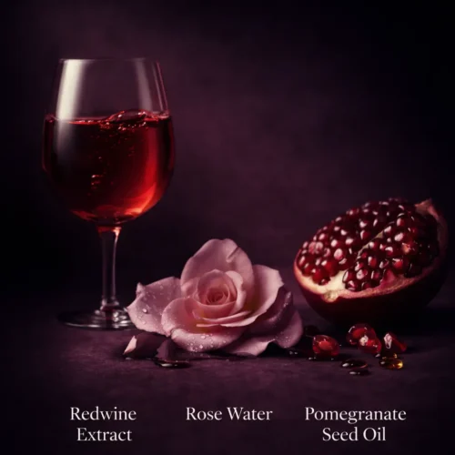 Araah Red Wine Gel key ingredients display featuring red wine extract, rose water, and pomegranate seed oil for antioxidant skincare