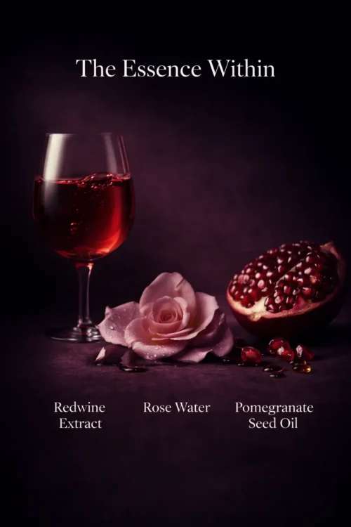 Araah Red Wine Gel key ingredients display featuring red wine extract, rose water, and pomegranate seed oil for antioxidant skincare