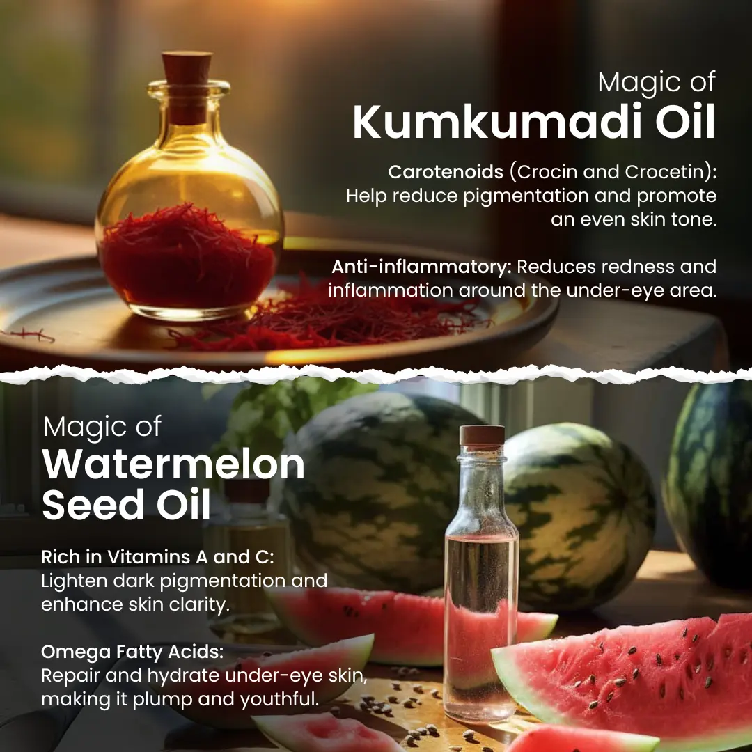 Texture of Araah Kumkumadi Eyecream made with kumkumadi oil, almond oil, cocoa butter and antioxidant-rich herbal infusions