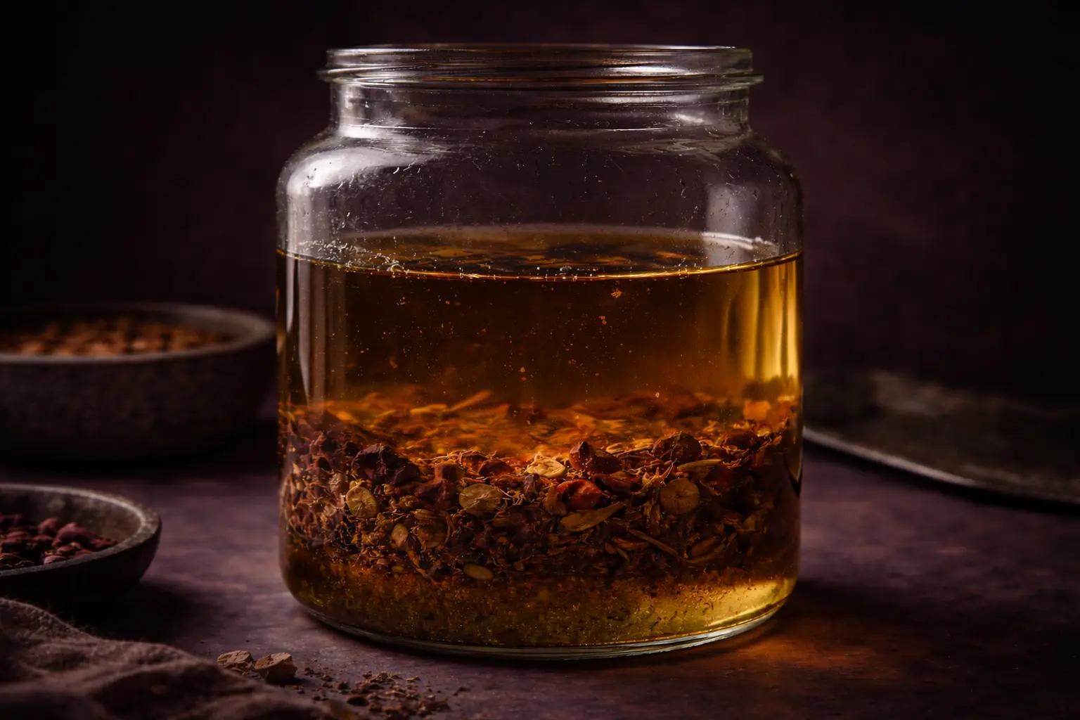 Slow botanical oil infusion used in Araah skincare manufacturing, showing dried herbs resting naturally in oil for patient extraction.